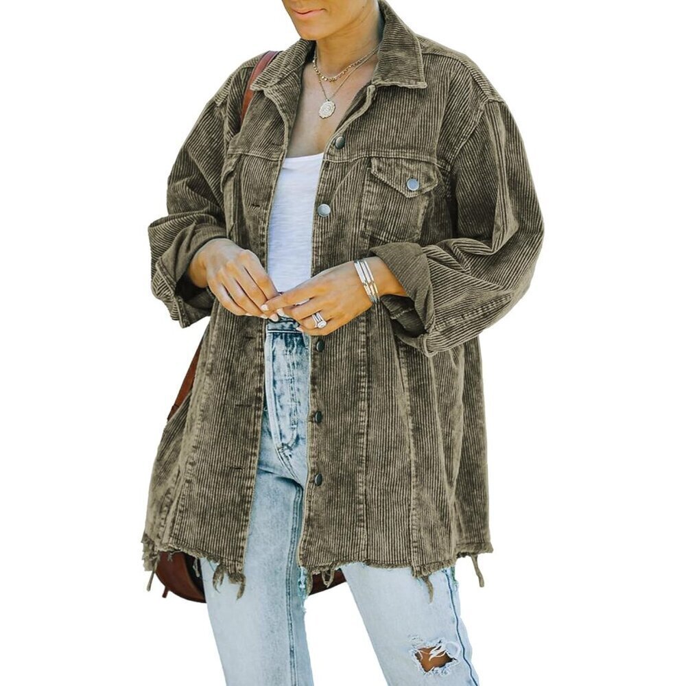 🆕Womens Army Green Oversized Corduroy Shirt Jacket Casual Button Down Retro